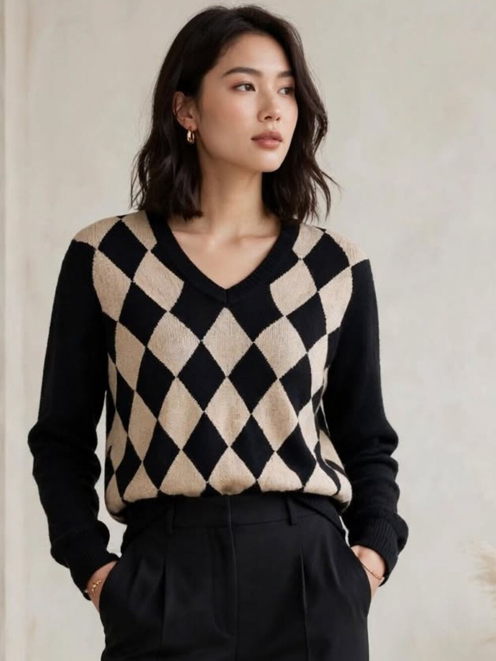 Greg Norman Collection Black and Cream Argyle V-Neck Sweater